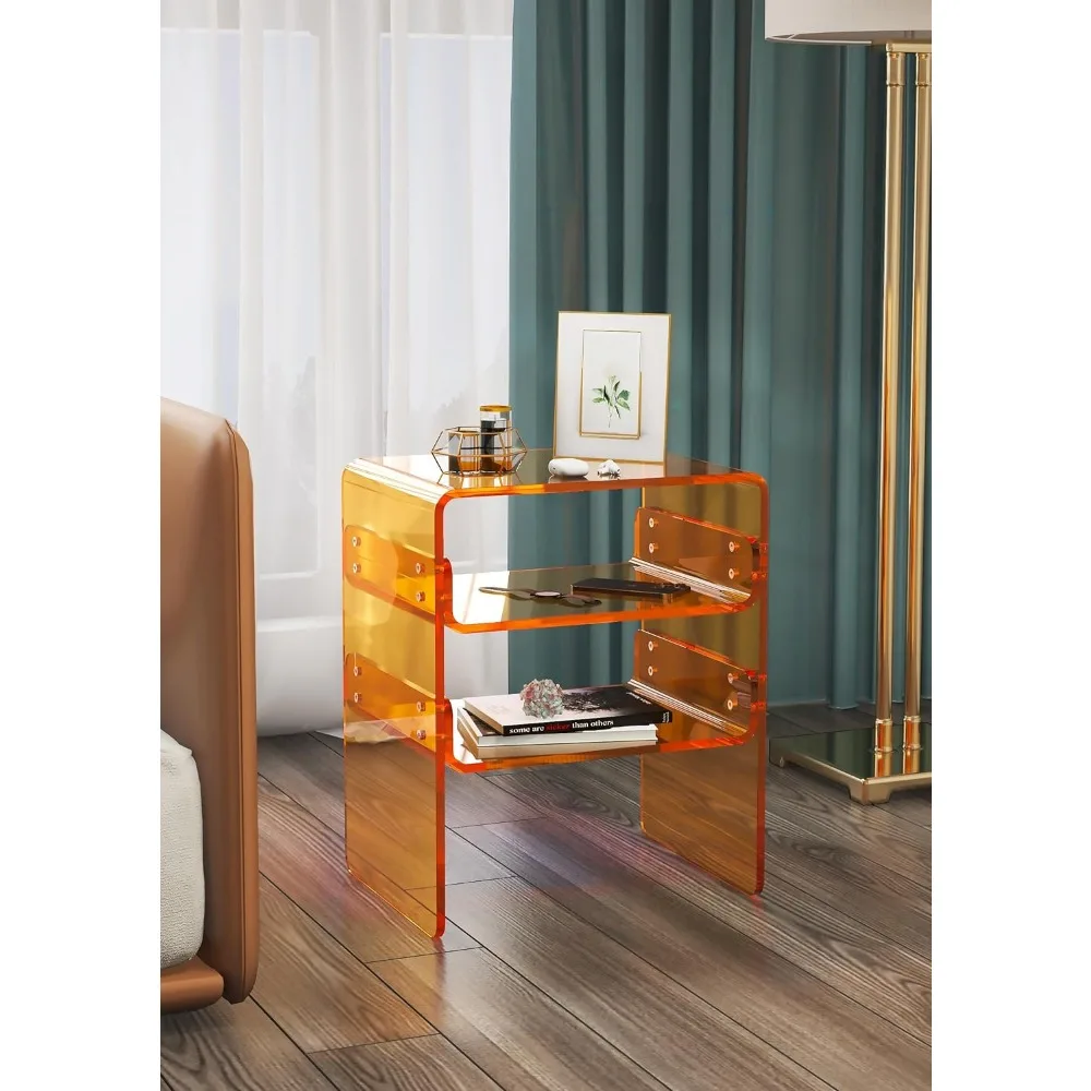 Sleek Acrylic End Table/Nightstand/Bedside Multi-Tiered 3-Level Storage, Space-Efficient 15.7\