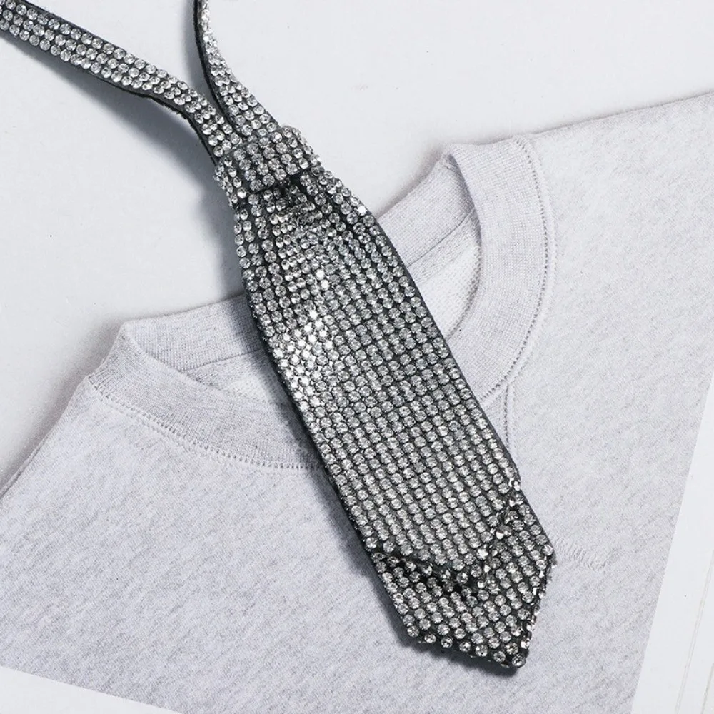 Decorative Adjustable Rhinestone Necktie Black Ribbon Bow Ties Tassel Double Layer Black Necktie Cloth Accessories