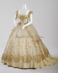 Exquisite Light Gold Gothic Prom Dress Elegant Victorian Square Neck Embroidered Tulle Pleated Ruffle Rococo Renaissance Party