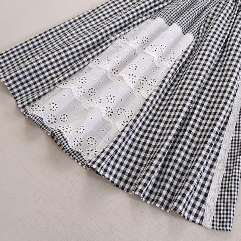 Japanese Mori Girl Vintage Plaid Lace Patchwork Asymmetric Skirts Women Spring New Elastic Waist Casual Loose A-Line Skirts