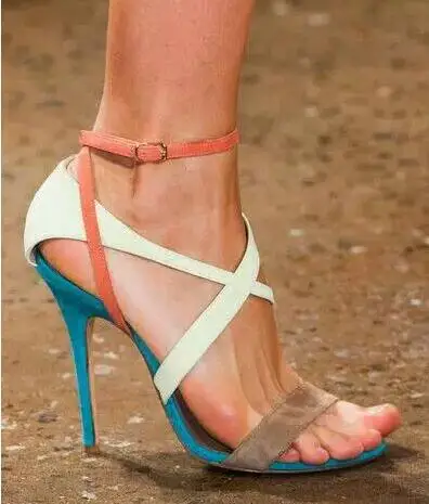 

Горячие женские белые, синие, оранжевые, хаки, разноцветные замшевые кожаные сандалии с открытым носком и перекрестным ремешком на щиколотке, летние сандалии на тонком каблуке, туфли-лодочки