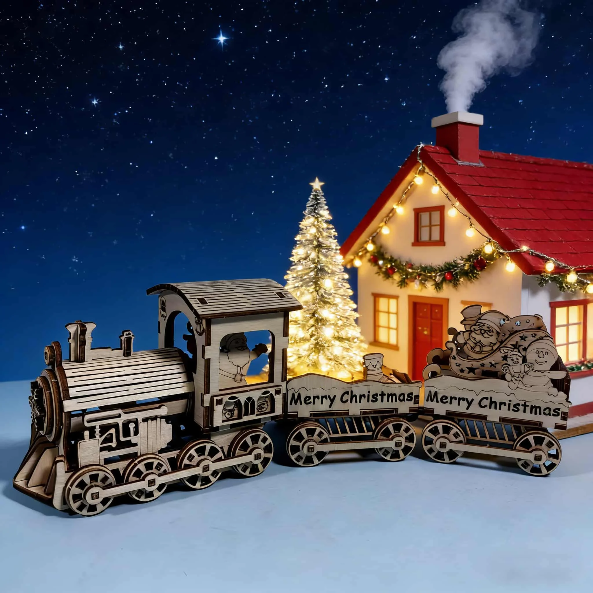 Quebra-Cabeça 3D de Madeira Trem de Natal, Modelo em Escala, Kit de Montagem DIY, Presente Artesanal, Decoração para Casa, Brinquedo de Montar