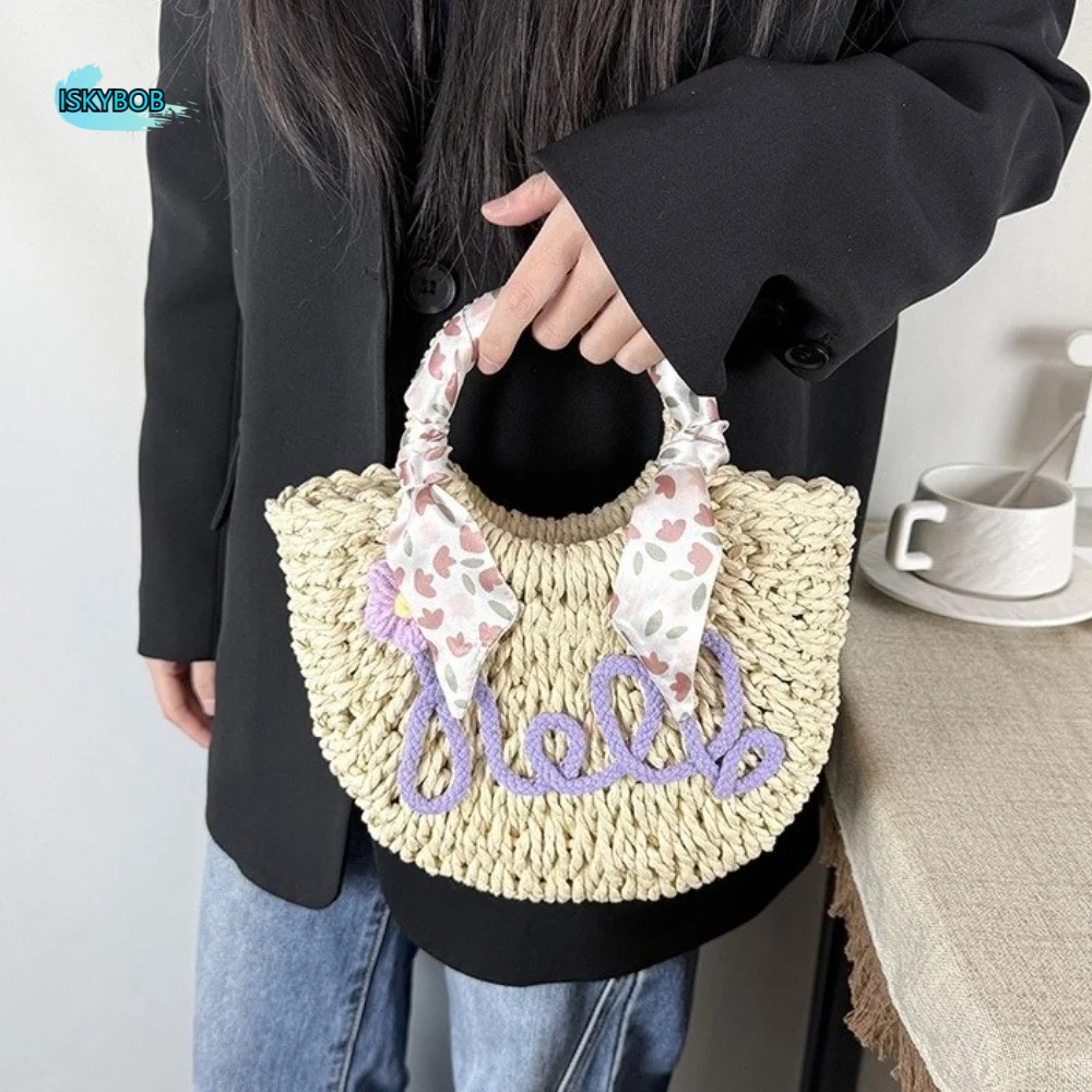 

Fashion Moon Shaped Beach Straw Bag Flower Hollow Woven Underarm Bag Ribbon Large Capacity Knitted Shoulder Bag Girls