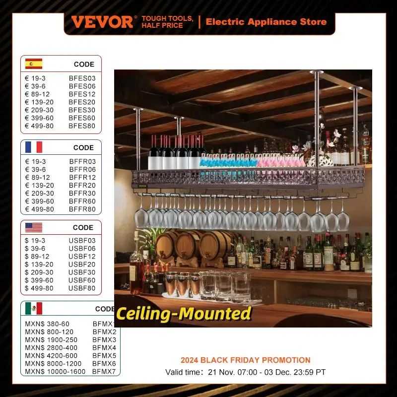 VEVOR Metal Wine Glass Rack Upside Down Ceiling Hanging Goblet Glass Cup Holder Hanger Storage Home Bar Pub Wine Shelf Rack