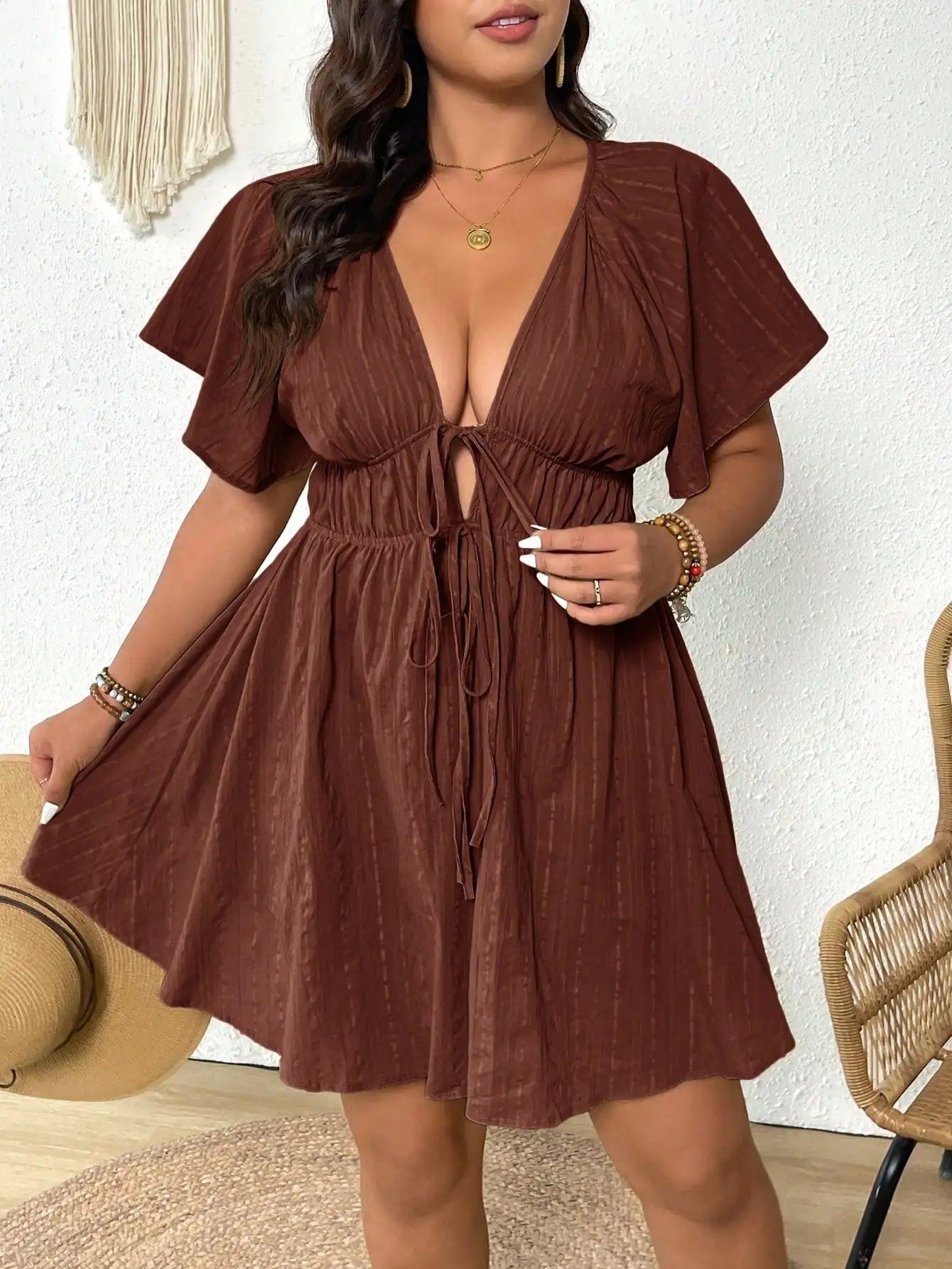 

Plus Size Casual Vacation Textured Ruffle Sleeve V-Neck Tied Waist Mini Dress