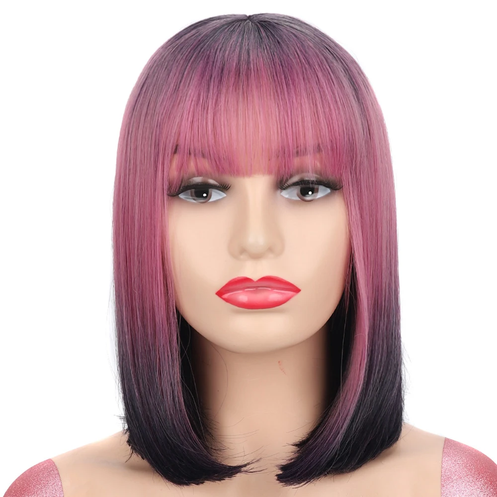 Wigs Purple Gradient Bob Wig with Bangs Purple Blue Color Fashionable Hair Wig Synthetic Short Straight Hair Party & Daily Wear