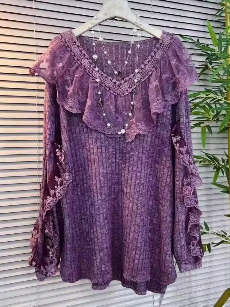 Female Clothing Vintage Solid Color Shirt Spring Autumn Long Sleeve Casual Lace Ruffles Spliced Stylish Hollow Out V-Neck Blouse