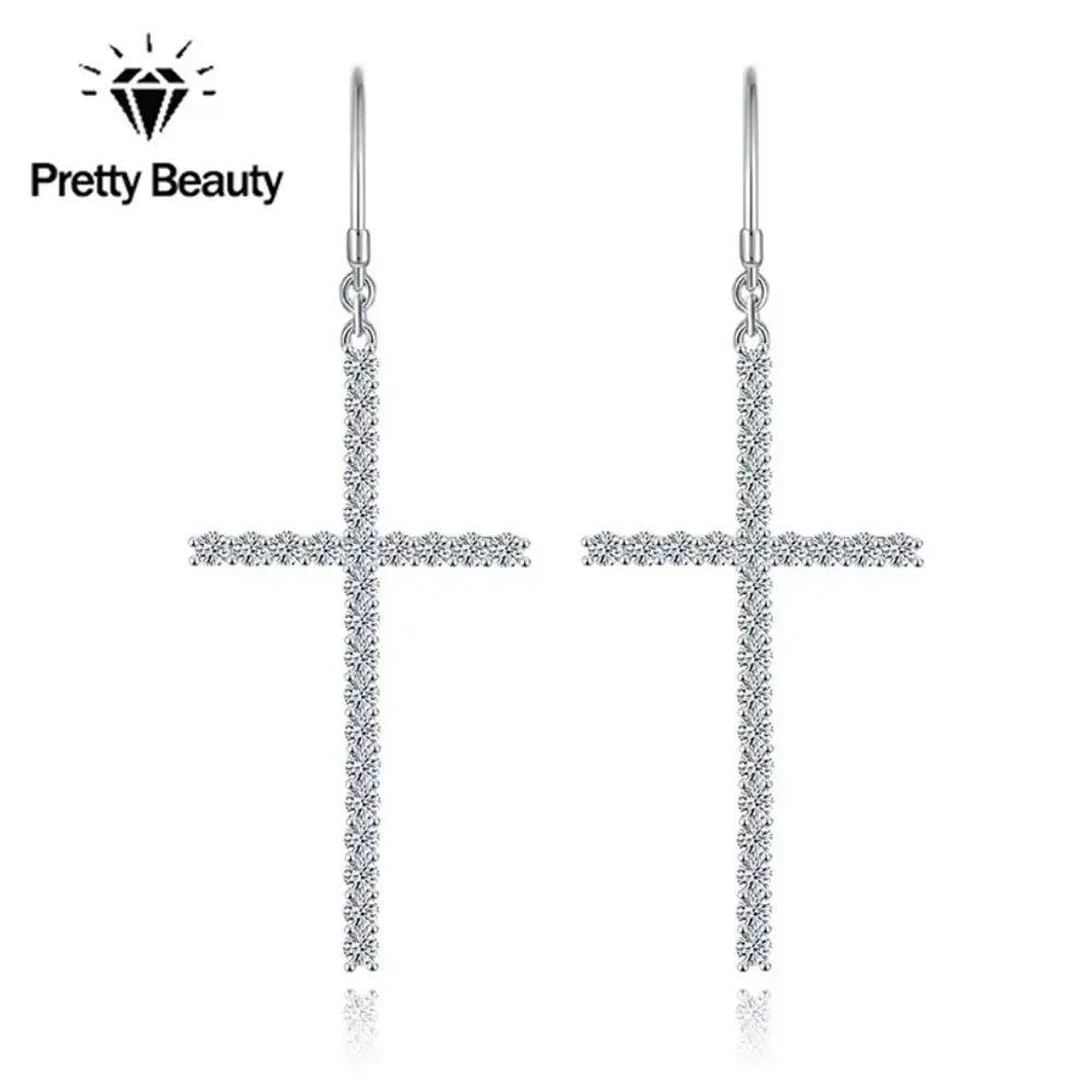 

Изящные серьги-крестики с муассанитом Pretty Beauty, серебро S925, для женщин, с подвесками в виде бриллиантов, покрытие из белого золота, изысканные ювелирные изделия