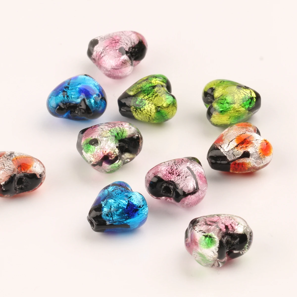 5pcs Heart Shape 10mm &12mm Handmade Foil Lampwork Glass Loose Crafts Beads for Jewelry Making DIY Crafts Findings