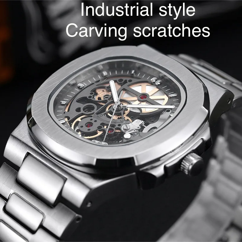 Power Reserve Mechanical Men Wristwatch Skeleton Stainless Steel Powerful Automatic Watch Square Waterproof Hand Clock Hot Sale