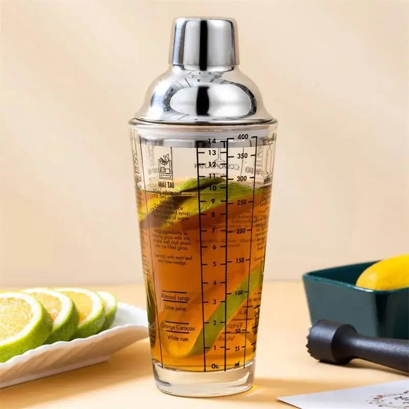 400/600ML Glass Cocktail Shaker with Scales Hand Shaker Cup Leakproof Metallic Steel Lid&Strainer Tea Wine Drink Shaker Mixer