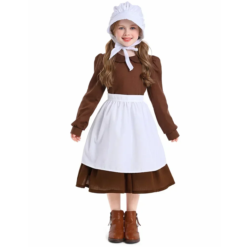 Village Farm Pioneer Prairie Kids Poor Clothes Cosplay Costumes Cinderella Maid Dress image 2