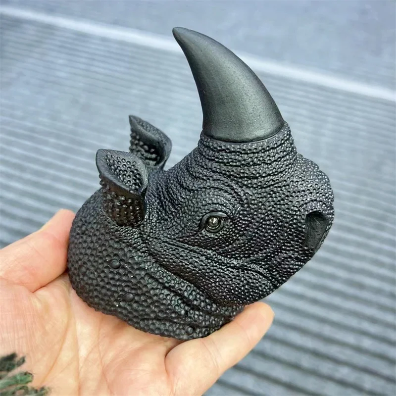 12CM Natural Black Obsidian Rhinoceros Head Carving Stone And Healing Crystals Craft Carved Statue for Home Decoration