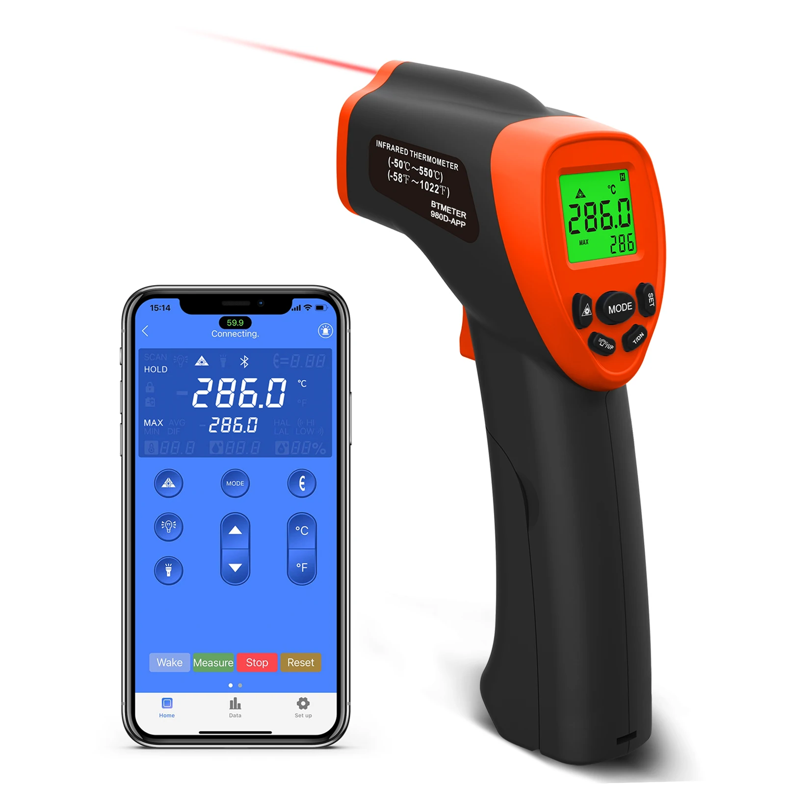 BTMETER BT-980D-APP LCD Bluetooth Handheld Infrared Thermometer Non-Contact Ice&Oil Digital Temperature Range for-58℉ to 1022℉