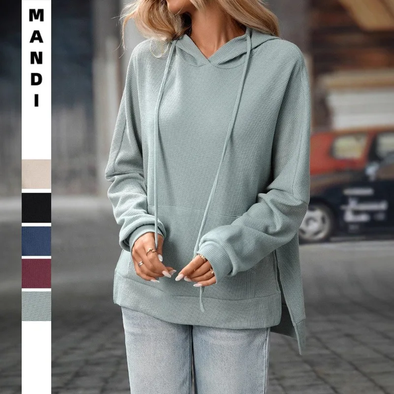 

2025 autumn and winter new women's clothing waffle knit pullover long sleeved sweatshirt sweatshirt hooded sweatshirt for women