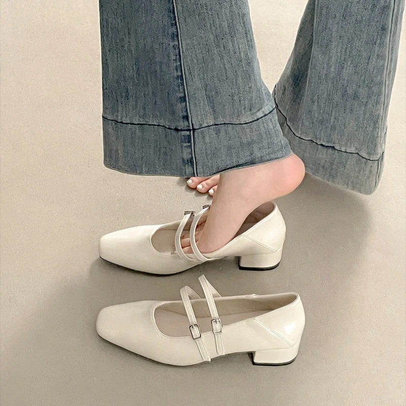 Square Toe Low Heel Women Silvery Mary Jane Shoes Fashion Elegant Belt Buckle Shoes Ladies Comfort Street Style Leather Shoes view 4