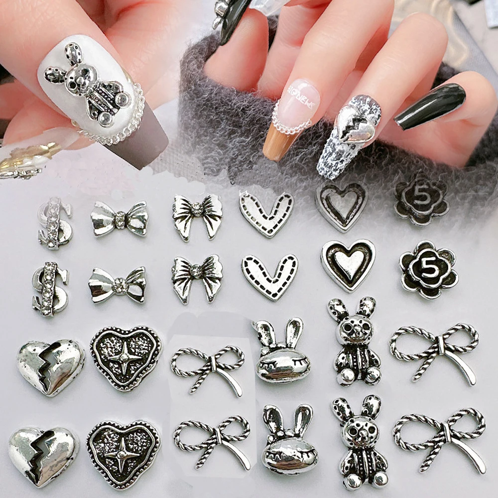 10pcs French Retro Heart Nail Art Charm 3D Metal Dollar Sign Heart Bow Rabbit Nail Jewelry Ancients Silver Nail Accessories