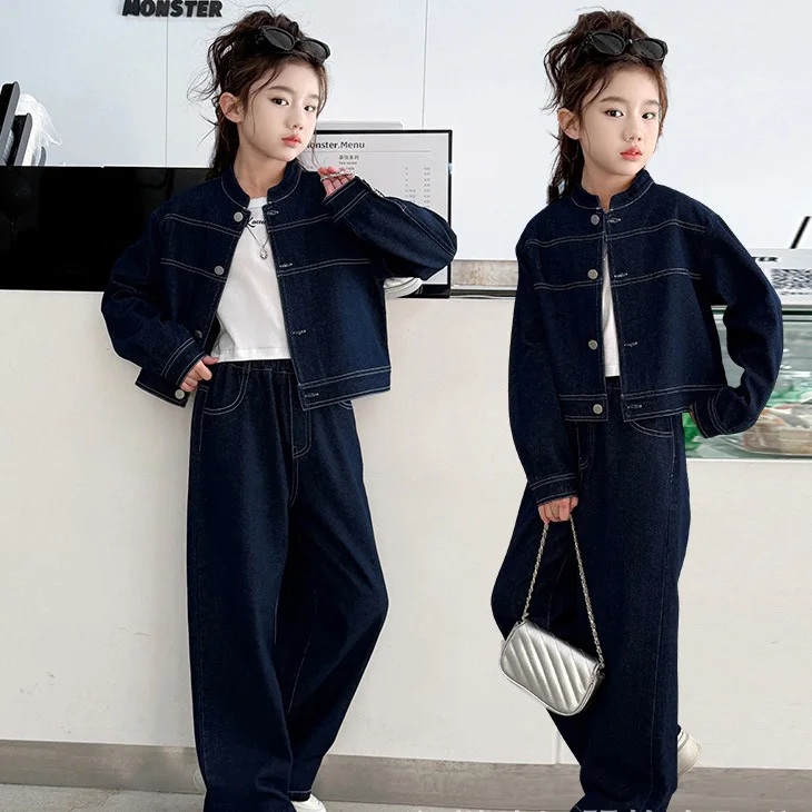 

Детские джинсовые комплекты для девочек, осеннее однобортное пальто с круглым вырезом + однотонные штаны, комплекты из двух предметов для школьниц с длинными рукавами для маленьких девочек