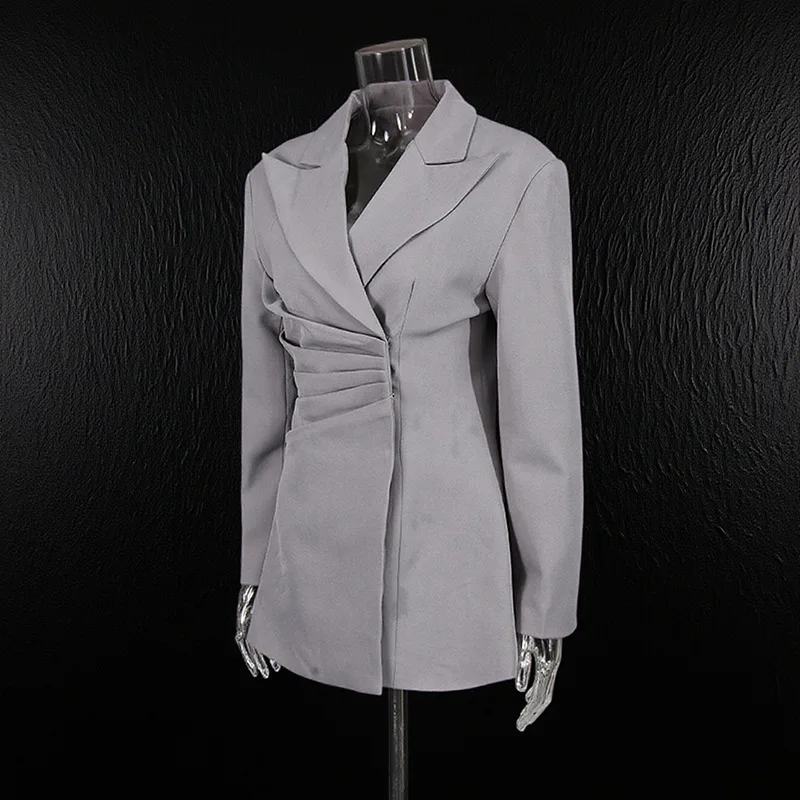 HKSH Women Blazer Irregular Design Trendy Elegant Versatile Pleated Waist-cinching Hidden Breasted Solid Color Suit-Coat HK27246