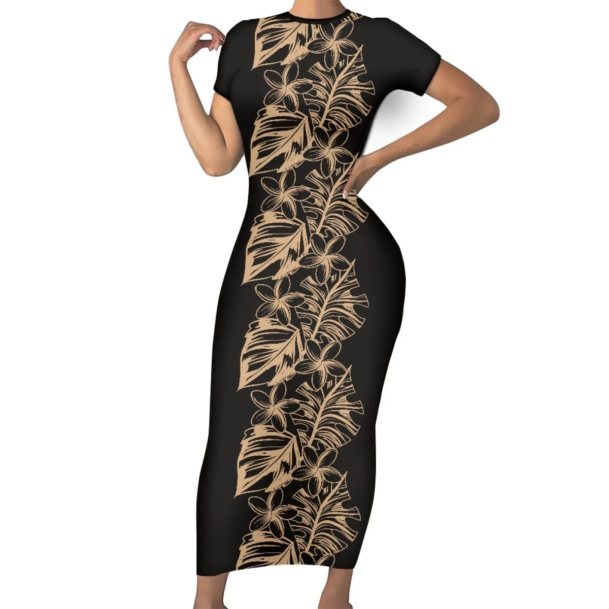 Summer Women Casual Short Sleeves Polynesian Tribal Samoa Hawaiian Fiji Clothing Tapa Print O-neck Bodycon Islands Maxi Dresses