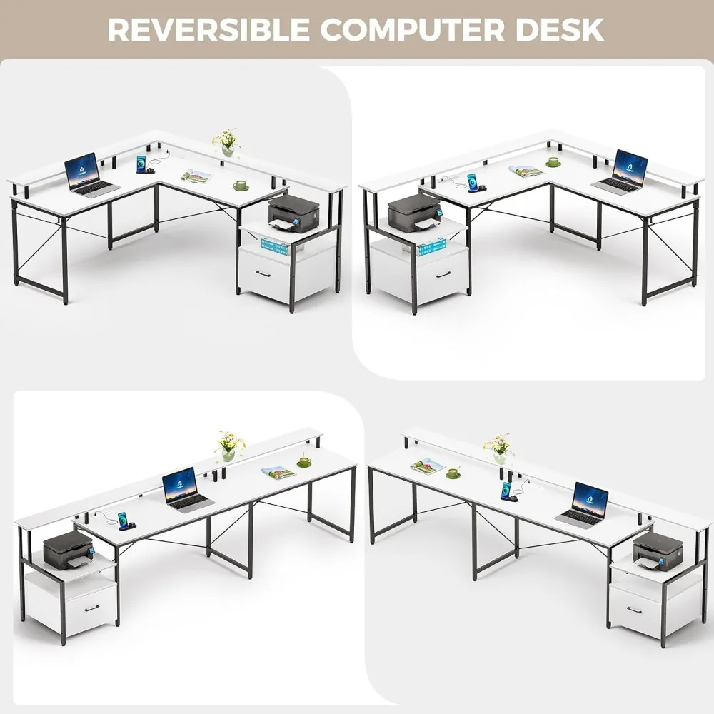 ファイル引き出し付きコンピューターデスク、電源コンセントとLEDバー付きのL字型デスク、ファイルキャビネット付きコンピューターコーナーデスク