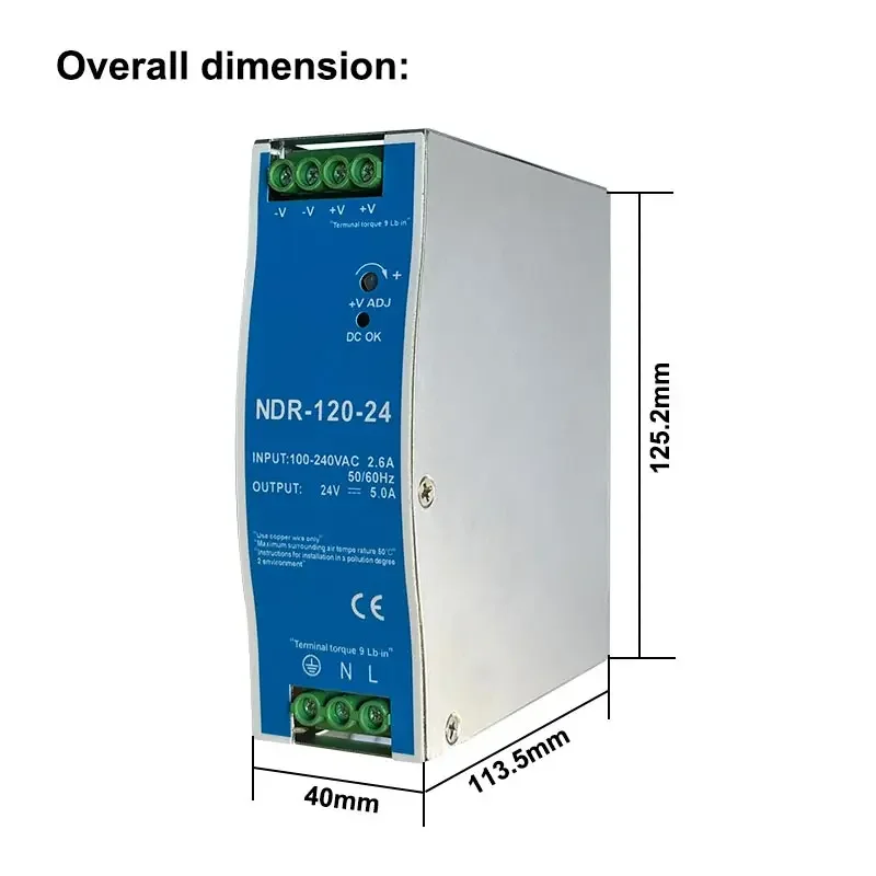 12V 24V 48V NDR120W 100-120VAC/180-240VAC Industrial DIN Rail Mounted AC TO DC Single Output Switching Power Supply