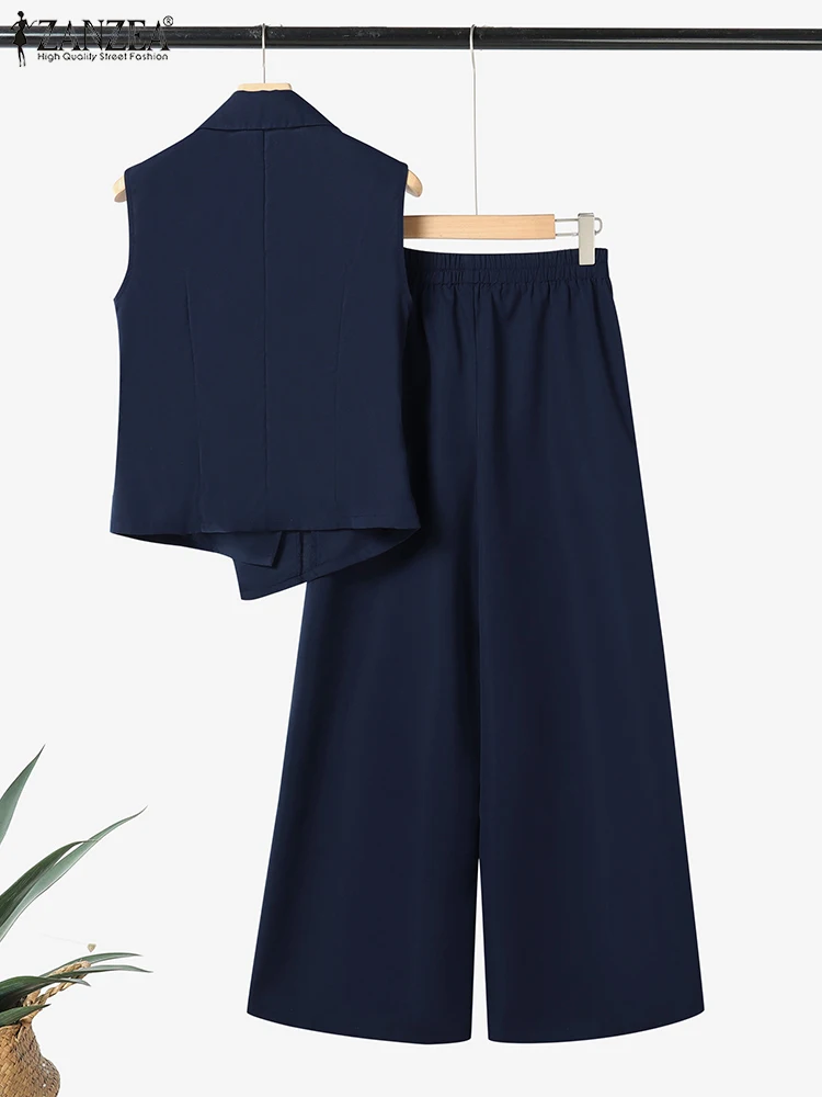 ZANZEA mode jambe large pantalon ensembles femmes revers cou asymétrique gilets hauts bureau trajet 2 pièces tenues élégant 2 pièces ensembles