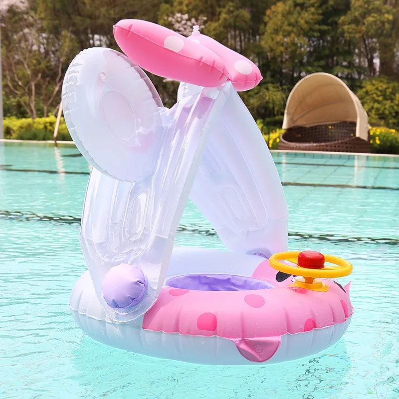 Flotador de natación con techo para bebé, anillo inflable de balsa doble, juguete flotante de dibujos animados, volante, accesorios de piscina para