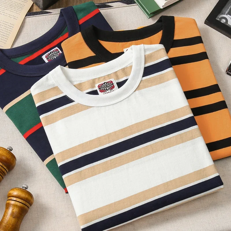 230G Summer Cotton T-shirt American Round Neck Retro Horizontal Striped Short-sleeved T-shirt Youth Chic Wear Cozy Loose Tees