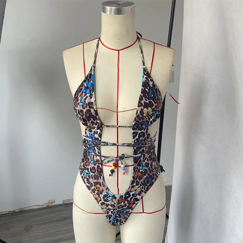 BEACHCICI damskie bikini jednoczęściowe moda letnia seksowny dekolt w serek wycięcie wąskie wiązanie Backless plaża wakacyjny strój kąpielowy