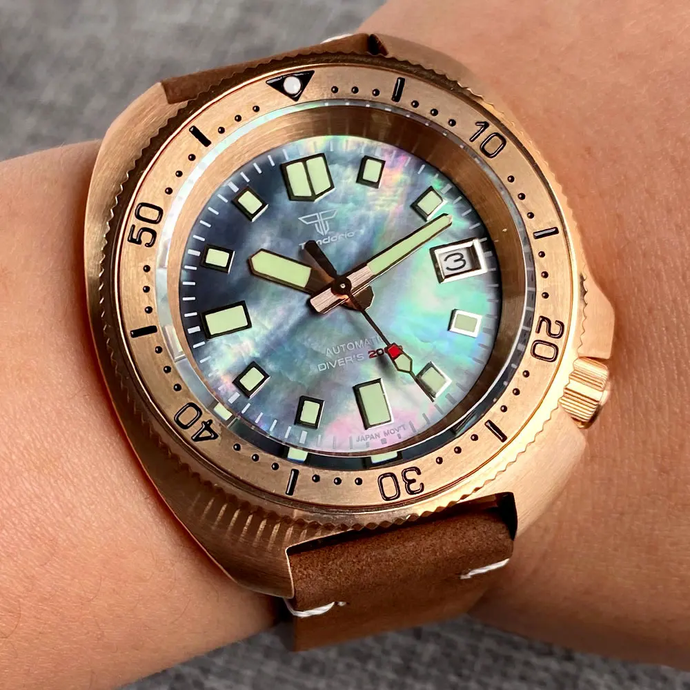 CuSn8 Solid Bronze Tandorio 44mm Turtle Sapphire Glass Mother of pearl Luminous Dial 20BAR NH35A Automatic Movement Men Watch
