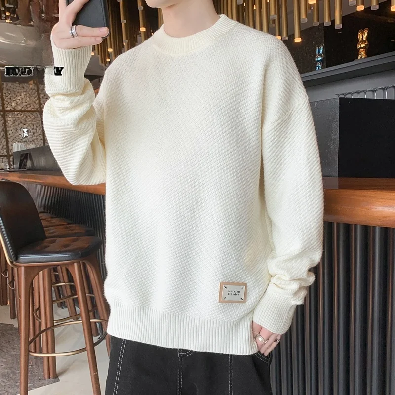 

Casual Loose round Ne Knitted Sweater White Men's Innerwear Long Sve Thiened Spring New Sle Faionable