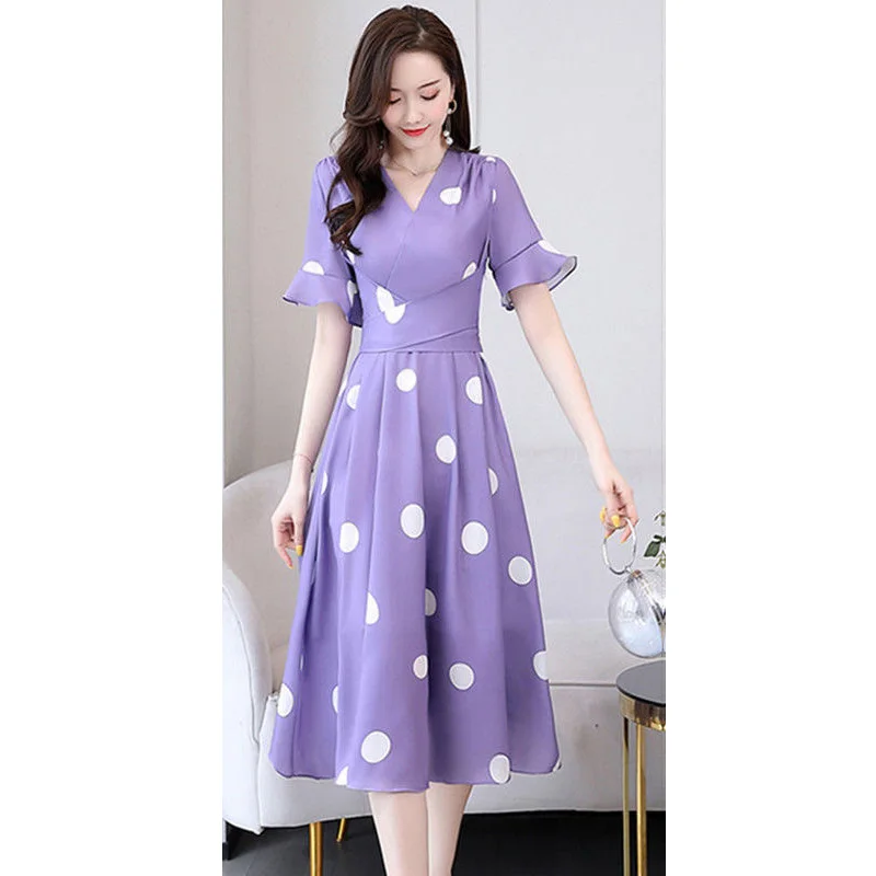 Elegant V-Neck Loose Bandage Polka Dot Midi Dress Women\'s Clothing 2023 Summer New Oversized Korean Flare Sleeve Princess Dress