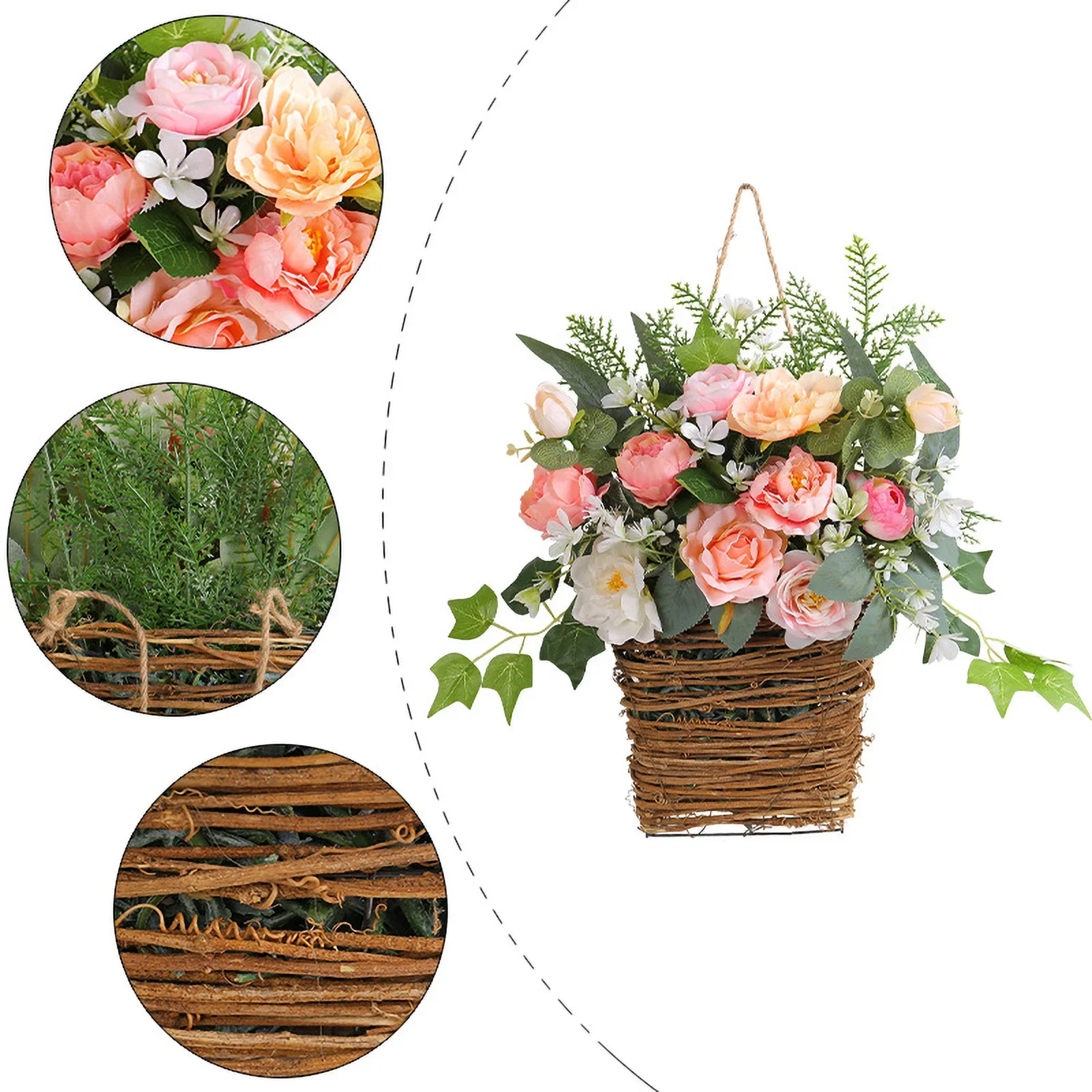 Spring Artificial Flowers Pendant Potted Plants Wall Hanging Flower Baskets Farmhouse Rattan Boutique Garden Home Weddding Decor