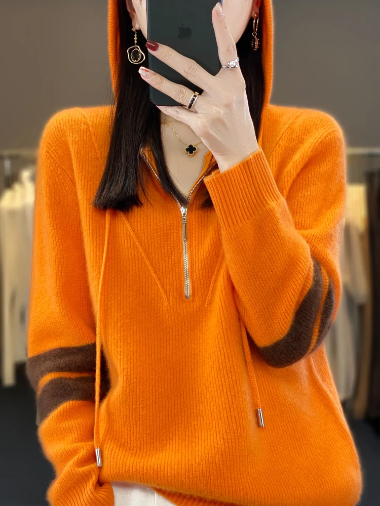 Autumn Winter Women Hoodie Collar Sweater 100% Merino Wool Half Zipper Casual Thick Pullover Cashmere Knitted Coat Fashion Tops