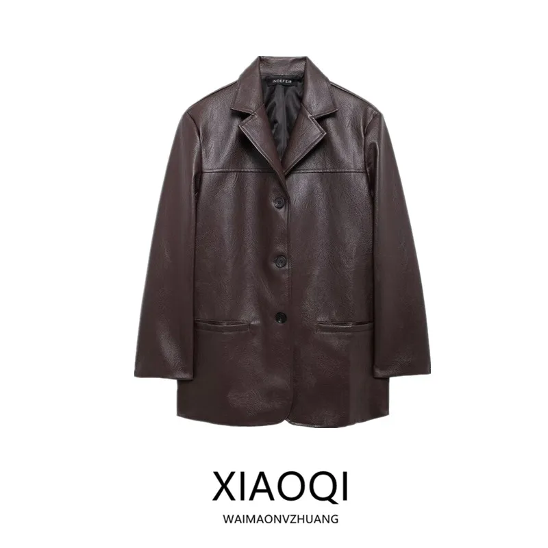 سترة جلدية نسائية أنيقة لخريف وشتاء 2024، ملابس خارجية متعددة الاستخدامات بأسلوب كلاسيكي، أكمام طويلة وتصميم فضفاض، مواد أخرى...