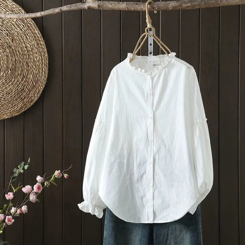 Women Literary Ruffle Stand Collar White Long Sleeve Cotton Shirt Loose All Match Spring Autumn Blouse