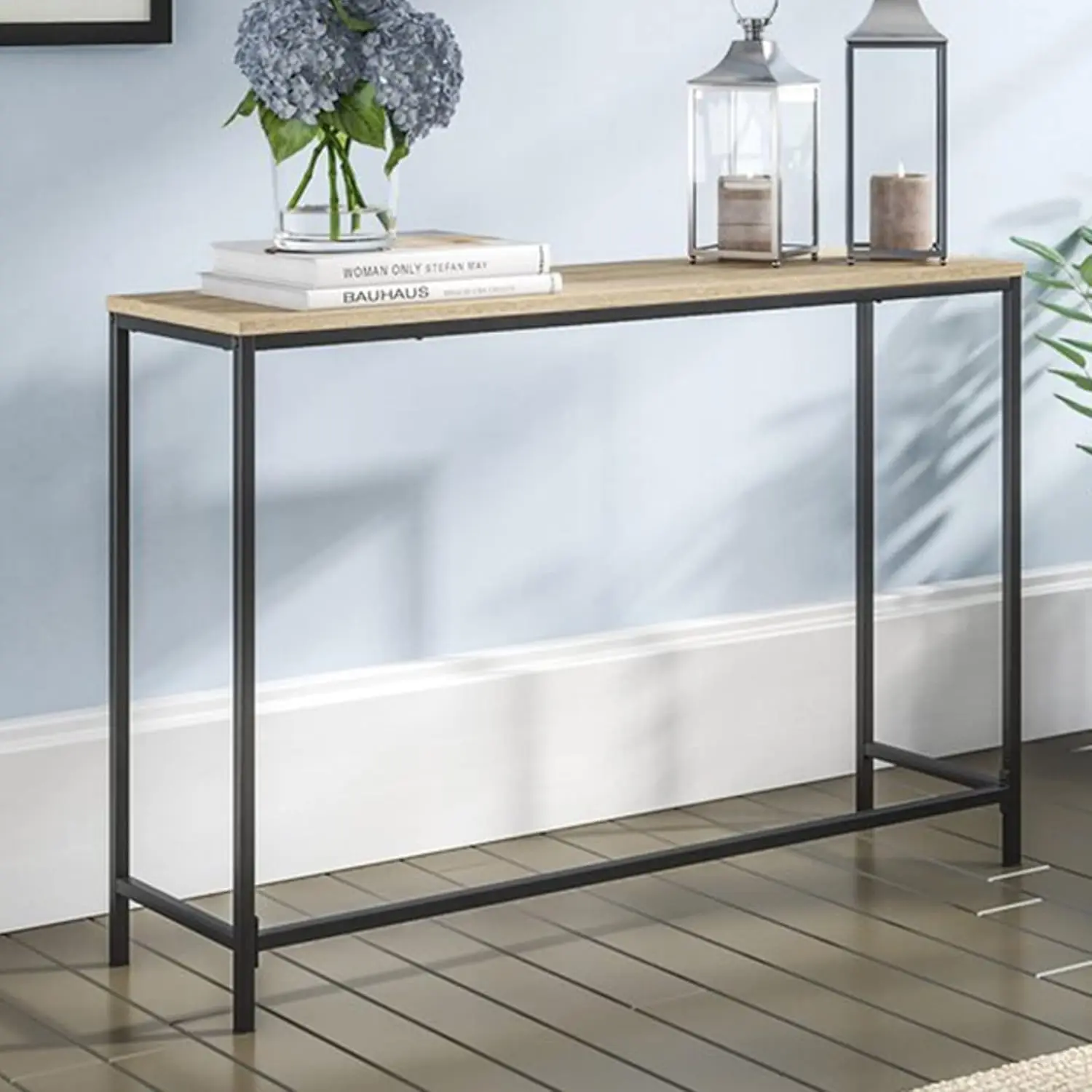 Mesa Consola Rectangular con Patas Metálicas y Tablero de MDF, para Entrada, Dormitorio, Sala de Estar, Pasillo, 80x100x30cm, Efecto Roble, Personalizable