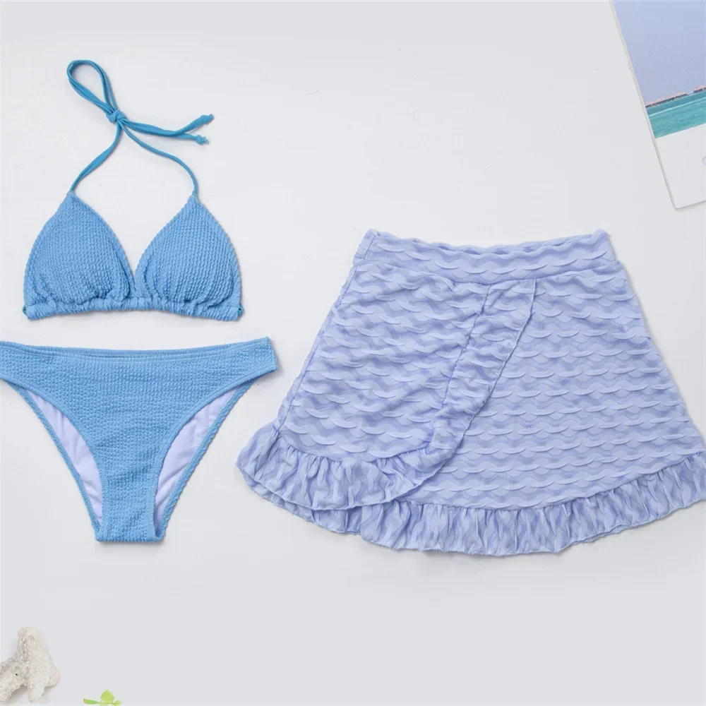 Vintage Bikini Set Wrinkles Blue Push Up Swimsuit Ruffles Skirt String Backless Swimwear 3-Piece Women Beach Outfit Bathing Suit