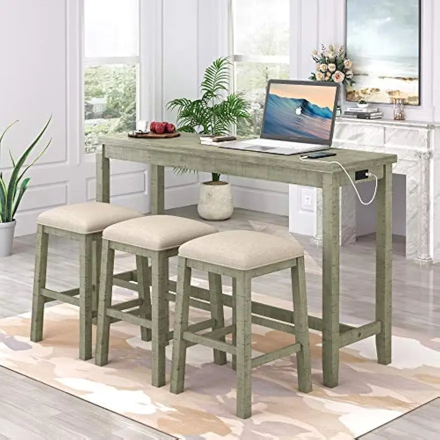 4-Piece Counter Height Bar Table Set, Multipurpose Dining Room Set with Fabric Padded Stools and Socket,Wood Rustic Dining Set