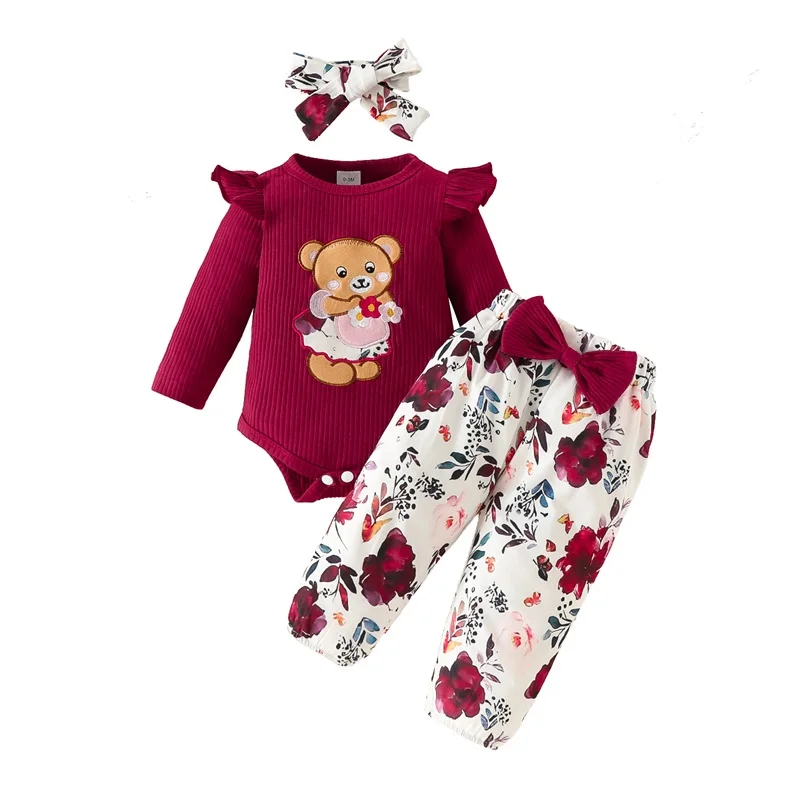 

Baby Girls 3 Piece Outfit Bear Embroidery Long Sleeves Romper and Floral Pants Headband Cute Clothes