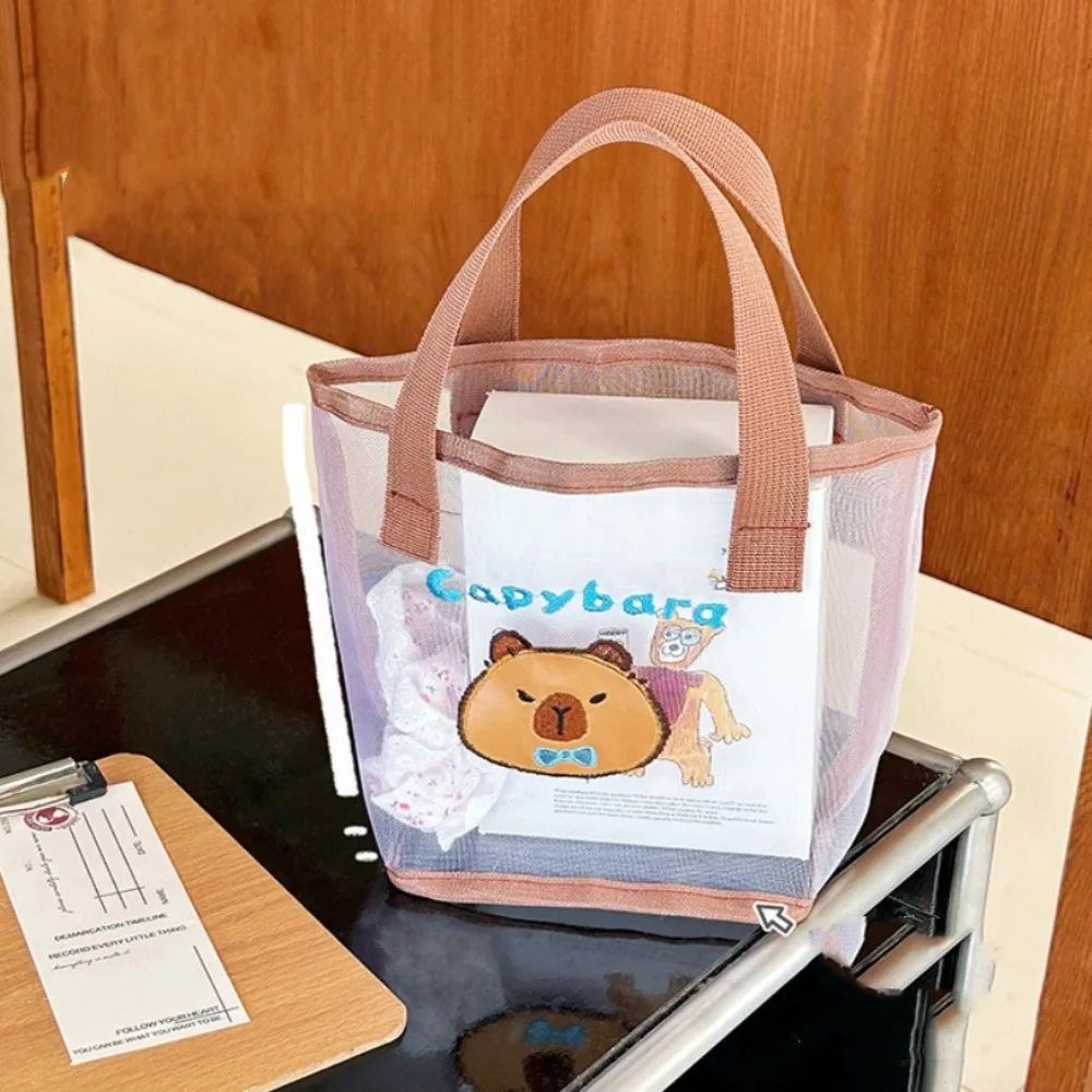 

Breathable Cartoon Mesh Bag Bow Tie Transparent Beach Handbag Large Capacity Crooked Head Capybara Pool Handbag Travel