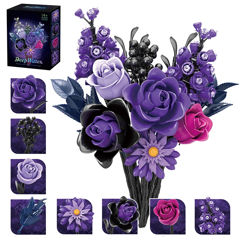 

Black Purple Roses Bouquet Building Block Set Flowers Botanical Collection Gothic Home Decoration Brick Model Toy For Adult Gift