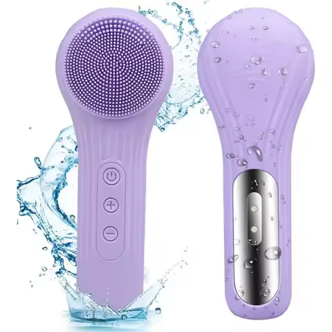 Sonic Silicone Facial Cleansing Brush Electric Face Scrubber Exfoliator Waterproof Heating Vibration 6 Speeds Purple Brush
