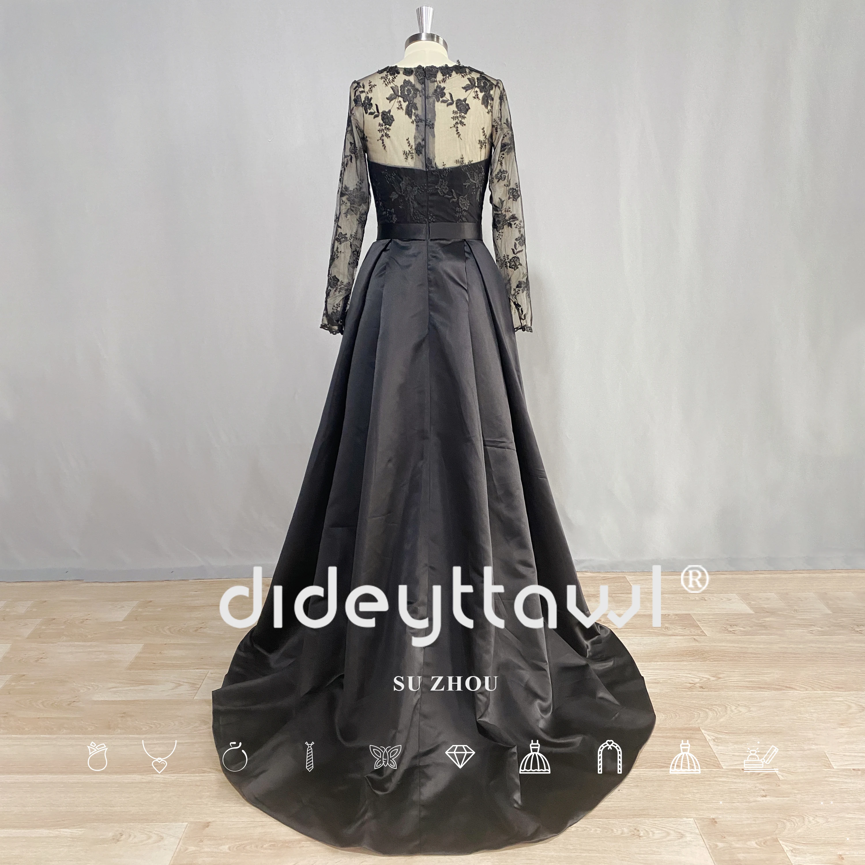 DIDEYTTAWL Customized Black Real Photos Evening Dress For Women Long Sleeves Lace Appliques Satin A Line Formal Party Gown