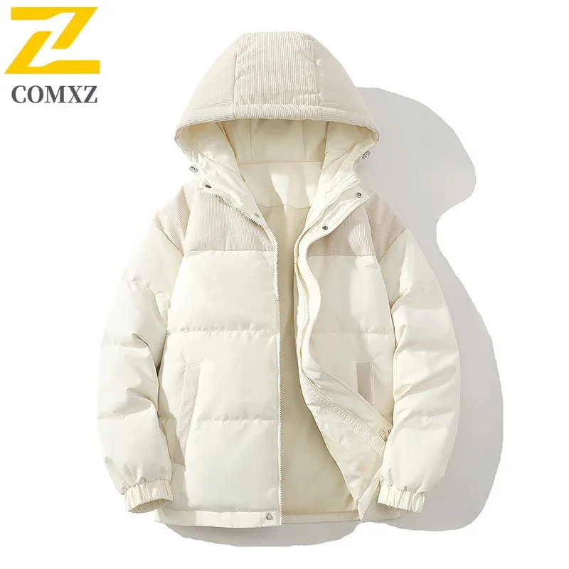 COMXZ Corduroy Patchwork Down Jacket Unisex Hooded Short Puffer Coat Thickened Cold Proof Thermal waterproof Duck Down Coat 2025
