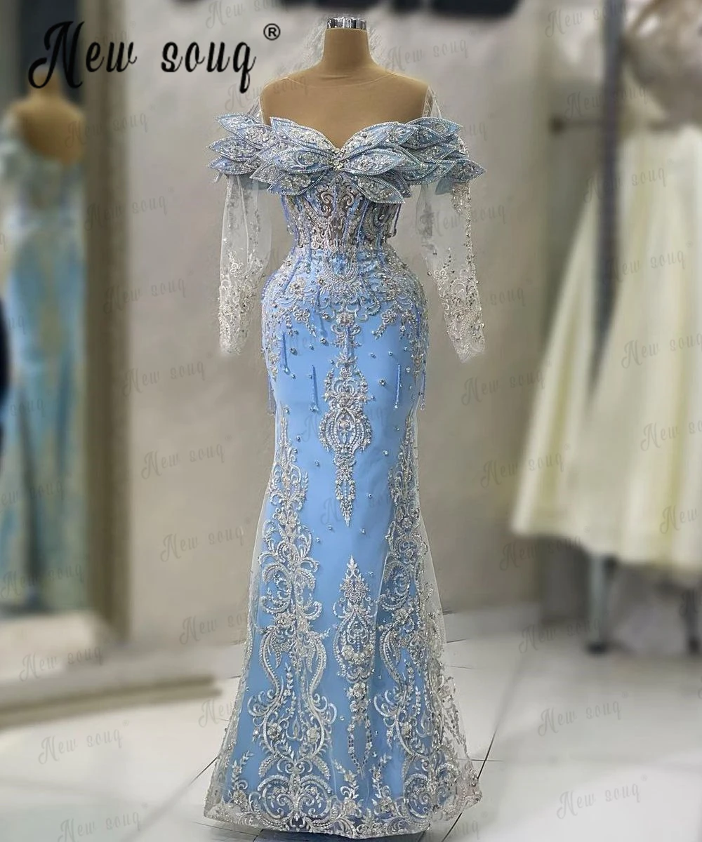 Leaf Design Light Blue Wedding Party Dress Sparkle Beaded Mermaid Prom Gowns Custom Made Vestidos De Noch Celebrity Dresses