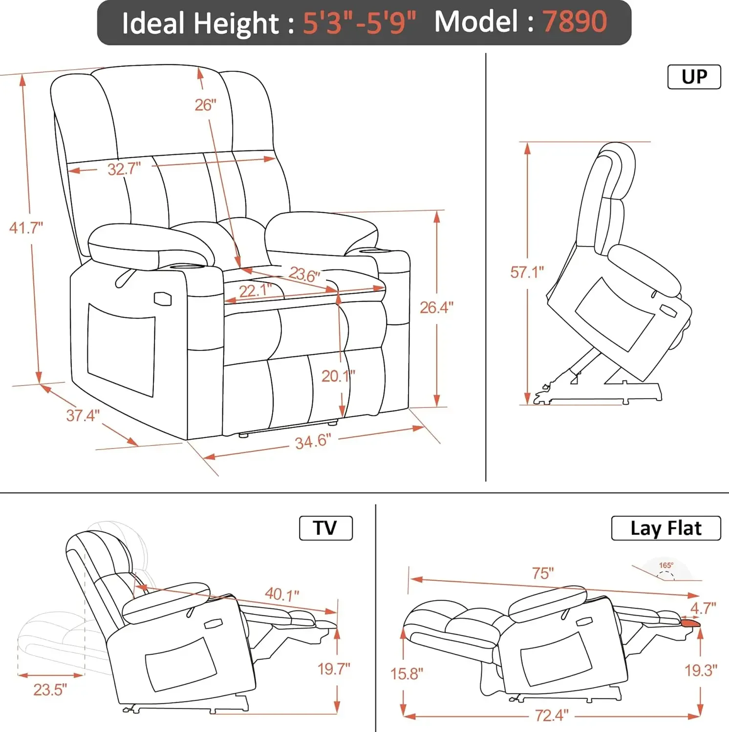 Dual Motor Power Lift Recliner Chair with Massage and Heat for Elderly People, Infinite Position, USB Ports, Fabric 7890