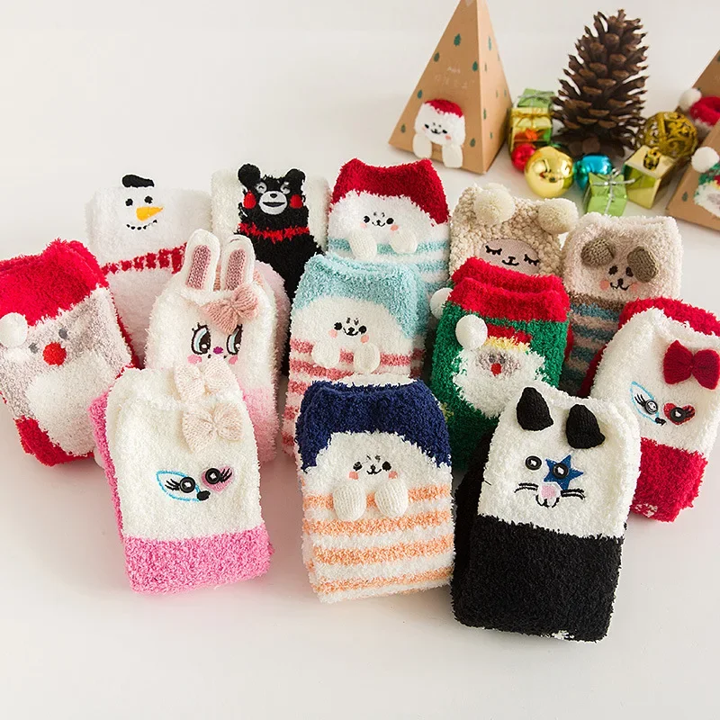 1 Pairs Box Christmas Socks Women Cute Thermal Fluffy Fuzzy Soft Velvet Thermo Sleep Sock Thick Warm Winter Socks New year Gift