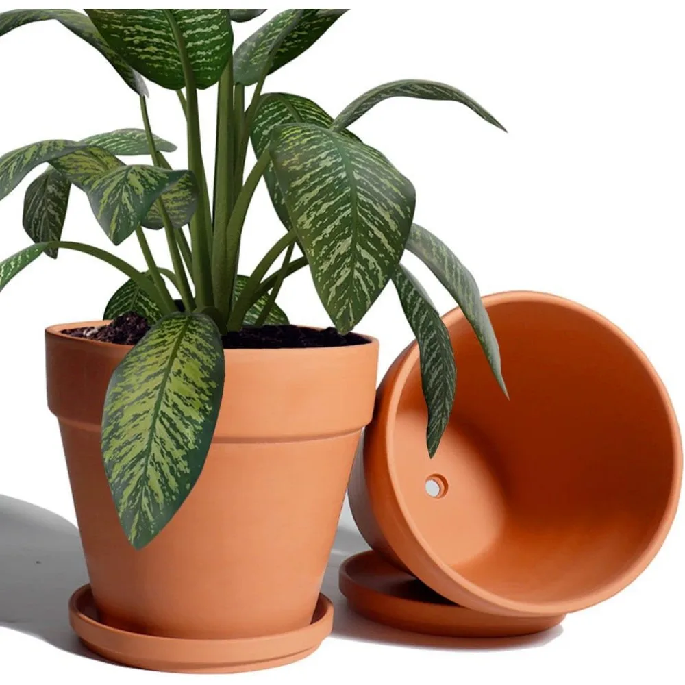 

8-дюймовый глиняный горшок с блюдцем и дренажным отверстием, 2 упаковки Terra Cotta для комнатных и наружных растений